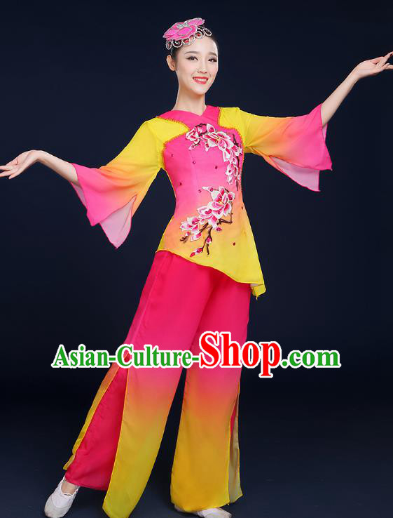 Traditional Chinese Folk Fan Dance Classical Dance Pink Uniform, China Yangko Drum Dance Clothing for Women