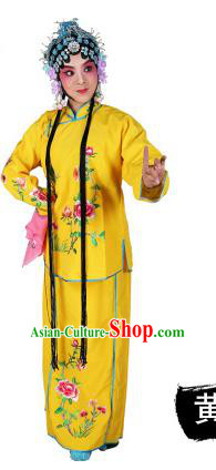Chinese Beijing Opera Actress Embroidered Peony Costume, China Peking Opera Servant Girl Embroidery Yellow Clothing