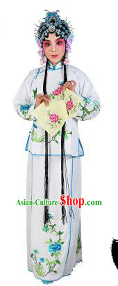 Chinese Beijing Opera Actress Embroidered Peony Costume, China Peking Opera Servant Girl Embroidery White Clothing