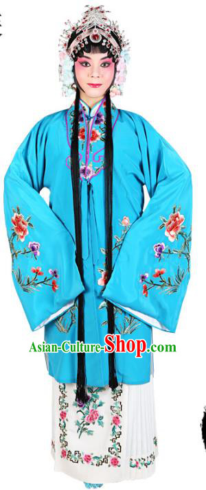 Chinese Beijing Opera Actress Embroidered Peony Costume, Traditional China Peking Opera Diva Embroidery Blue Clothing