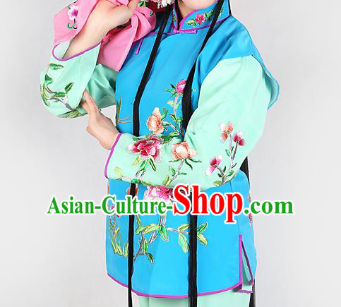 Chinese Beijing Opera Servant Girl Costume Embroidered Blue Vest, China Peking Opera Actress Embroidery Waistcoat Clothing