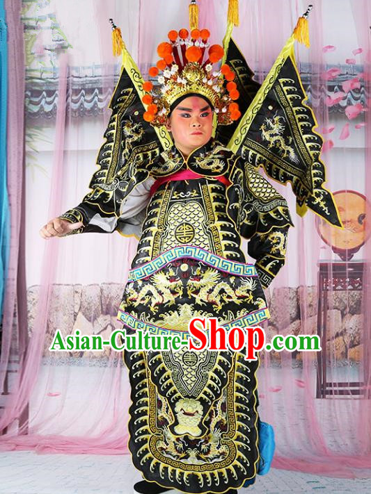 Chinese Beijing Opera General Costume Black Embroidered Robe, China Peking Opera Embroidery Gwanbok Clothing