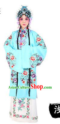 Chinese Beijing Opera Young Lady Embroidered Peony Costume, China Peking Opera Actress Embroidery Light Blue Clothing