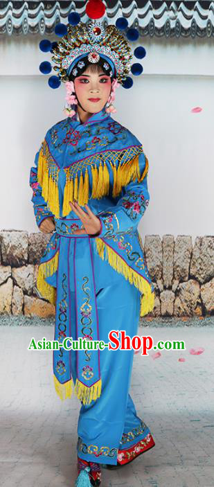 Chinese Beijing Opera Actress Warriors Embroidered Blue Costume, China Peking Opera Blues Embroidery Clothing