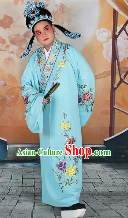 Chinese Beijing Opera Niche Embroidered Blue Costume, China Peking Opera Young Men Embroidery Robe Clothing