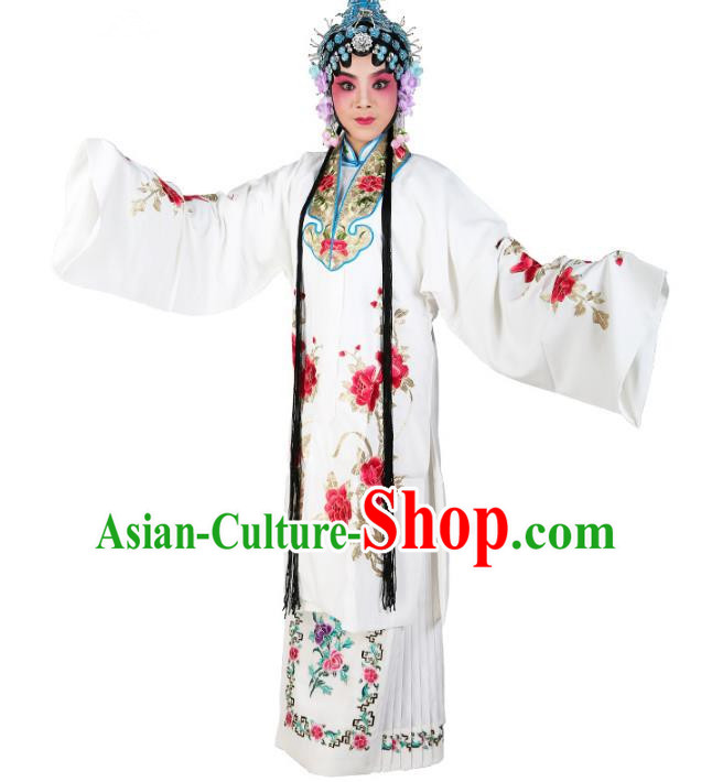 Chinese Beijing Opera Actress Nobility Lady Embroidered White Costume, China Peking Opera Embroidery Clothing