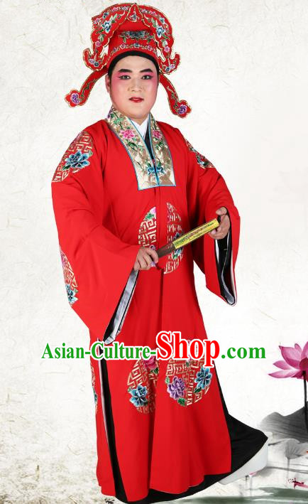 Chinese Beijing Opera Young Men Costume Red Embroidered Robe and Hats, China Peking Opera Scholar Clothing