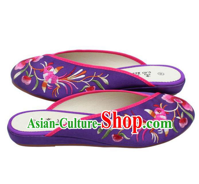 Traditional Chinese National Purple Embroidered Shoes, China Handmade Embroidery Peony Hanfu Slippers for Women