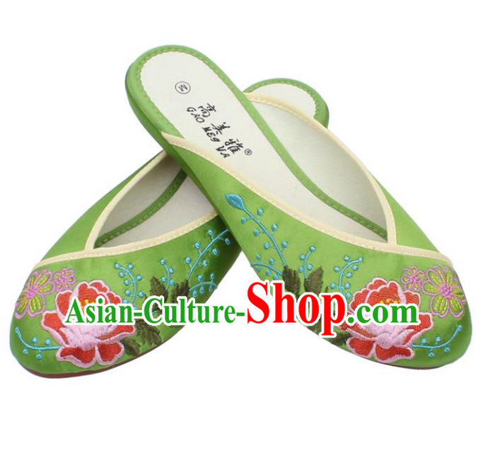 Traditional Chinese National Green Satin Embroidered Shoes, China Handmade Embroidery Peony Hanfu Slippers for Women