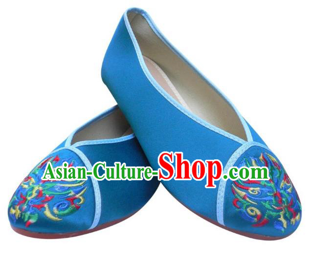 Traditional Chinese National Bride Blue Embroidered Shoes, China Handmade Embroidery Hanfu Cloth Shoes for Women