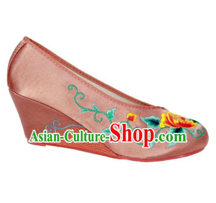 Traditional Chinese National Bride Light Pink Embroidered Shoes, China Handmade Embroidery Flowers Wedge-soled Shoes for Women