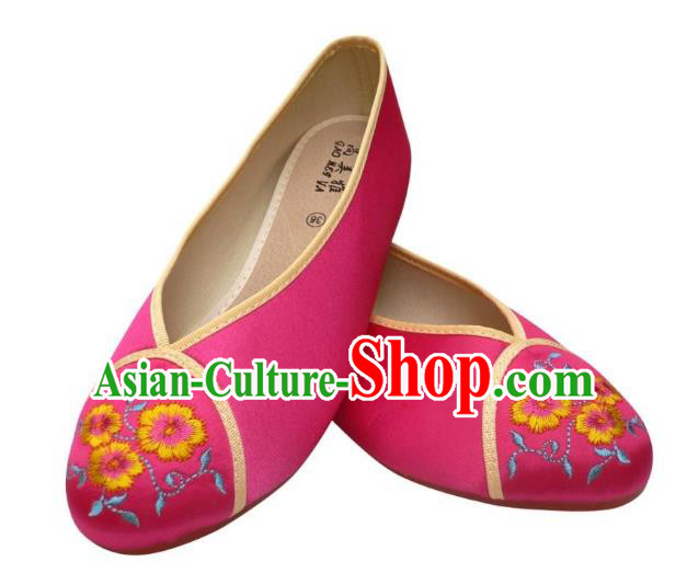 Traditional Chinese National Bride Rosy Cloth Embroidered Shoes, China Handmade Embroidery Flowers Hanfu Shoes for Women