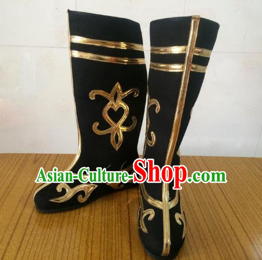 Traditional Chinese Ancient Peking Opera Takefu Embroidered Boots, China Handmade Hanfu Black Embroidery Shoes for Men