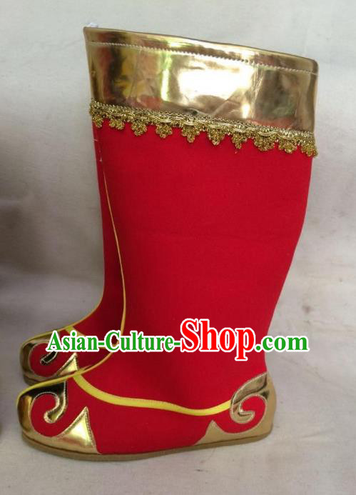 Traditional Chinese Ancient Peking Opera Takefu Embroidered Boots, China Handmade Hanfu Red Embroidery Shoes for Men