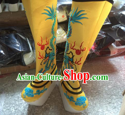 Traditional Chinese Ancient Peking Opera Emperor Embroidered Boots, China Handmade Hanfu Yellow Embroidery Shoes for Men