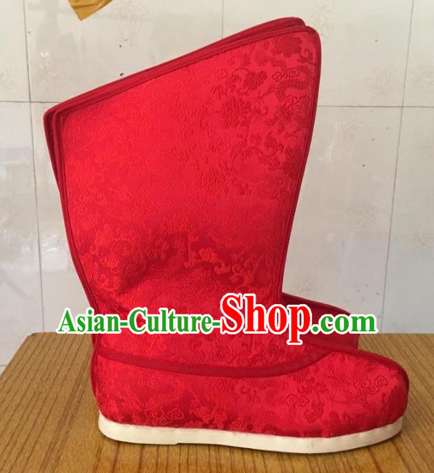 Traditional Chinese Han Dynasty Red Embroidered Boots, China Handmade Ancient Swordsman Hanfu Shoes for Men