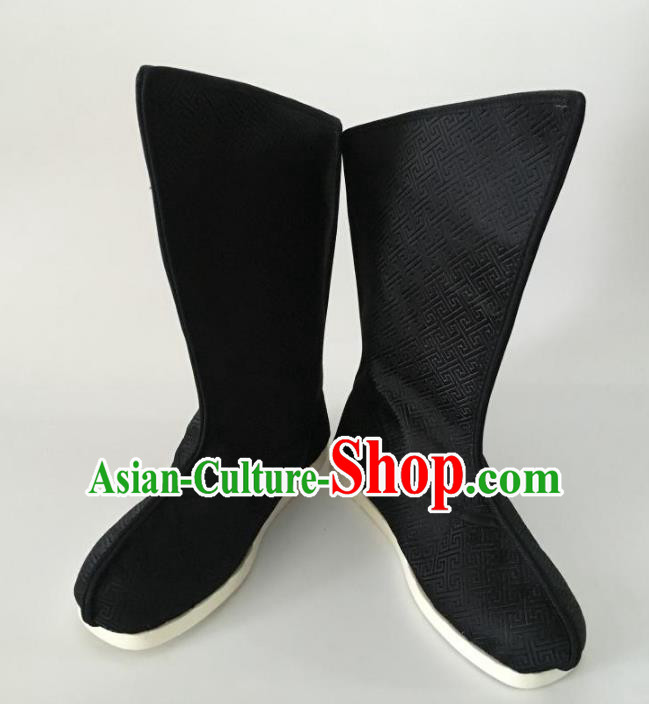Traditional Chinese Han Dynasty Black Embroidered Boots, China Handmade Ancient Swordsman Hanfu Shoes for Men