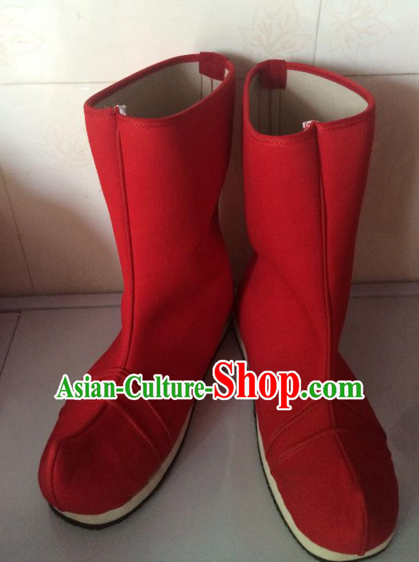 Traditional Chinese Ancient Peking Opera Takefu Red Boots, China Handmade Swordsman Hanfu Embroidery Shoes for Men