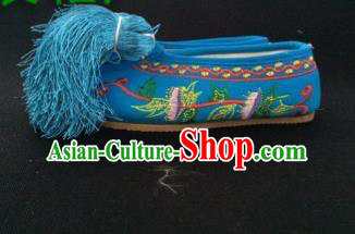 Traditional Chinese Ancient Blue Blood Stained Shoes, China Handmade Peking Opera Diva Hanfu Embroidery Shoes for Women