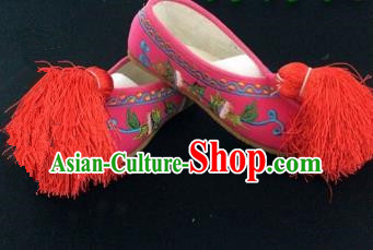 Traditional Chinese Ancient Rosy Blood Stained Shoes, China Handmade Peking Opera Diva Hanfu Embroidery Shoes for Women