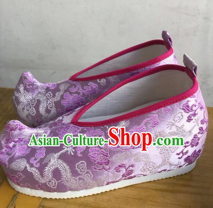 Traditional Chinese Ancient Swordsman Purple Blood Stained Shoes, China Handmade Peking Opera Hanfu Embroidery Shoes for Women