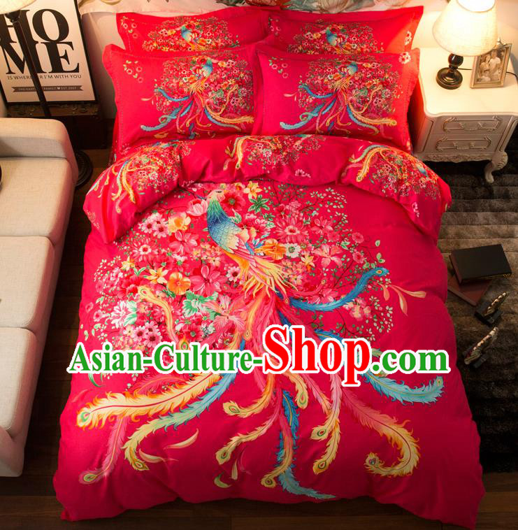 Traditional Chinese Style Wedding Bedding Set, China National Marriage Printing Phoenix Red Textile Bedding Sheet Quilt Cover Complete Set