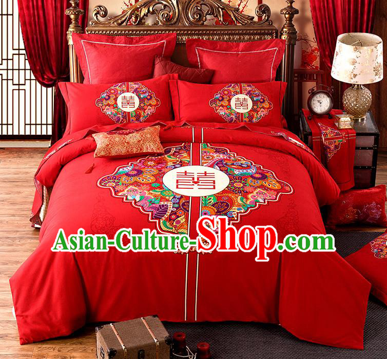 Traditional Chinese Style Wedding Bedding Set, China National Marriage Printing Happy Character Flowers Red Textile Bedding Sheet Quilt Cover Complete Set