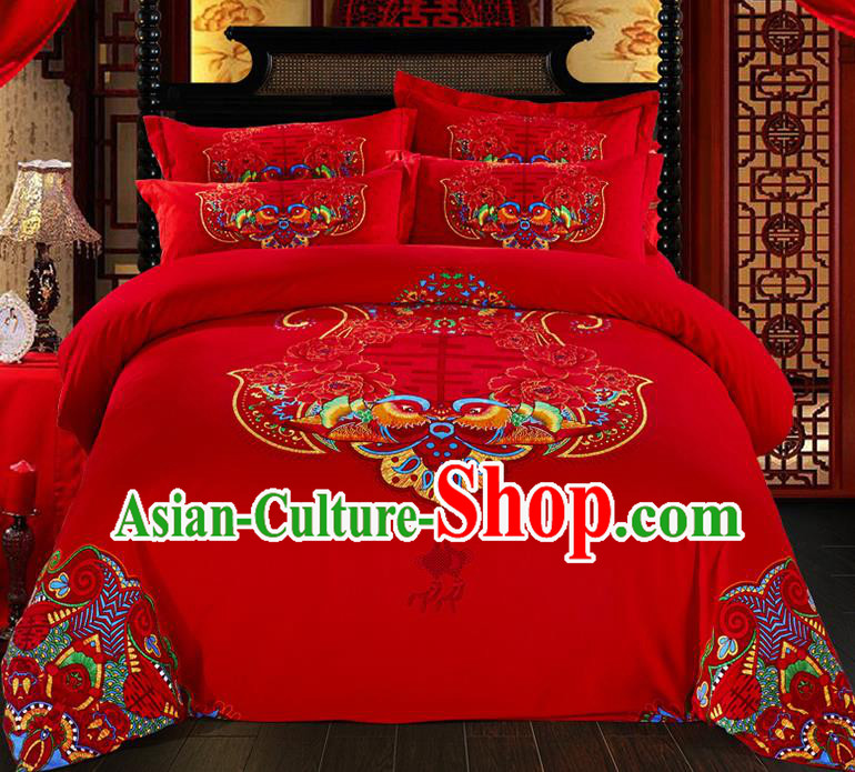 Traditional Chinese Style Wedding Bedding Set, China National Marriage Printing Mandarin Duck Red Textile Bedding Sheet Quilt Cover Seven-piece suit