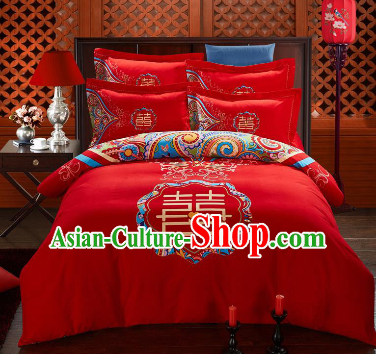 Traditional Chinese Style Wedding Bedding Set, China National Marriage Printing Xi character Red Textile Bedding Sheet Quilt Cover Seven-piece suit