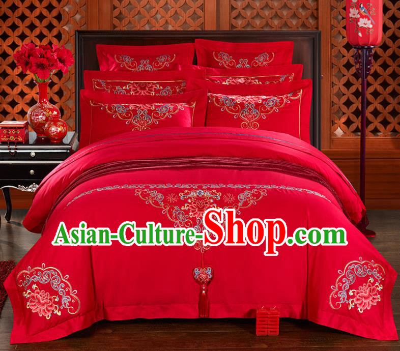 Traditional Chinese Style Wedding Bedding Set, China National Marriage Embroidery Peony Tassel Red Textile Bedding Sheet Quilt Cover Six-piece suit