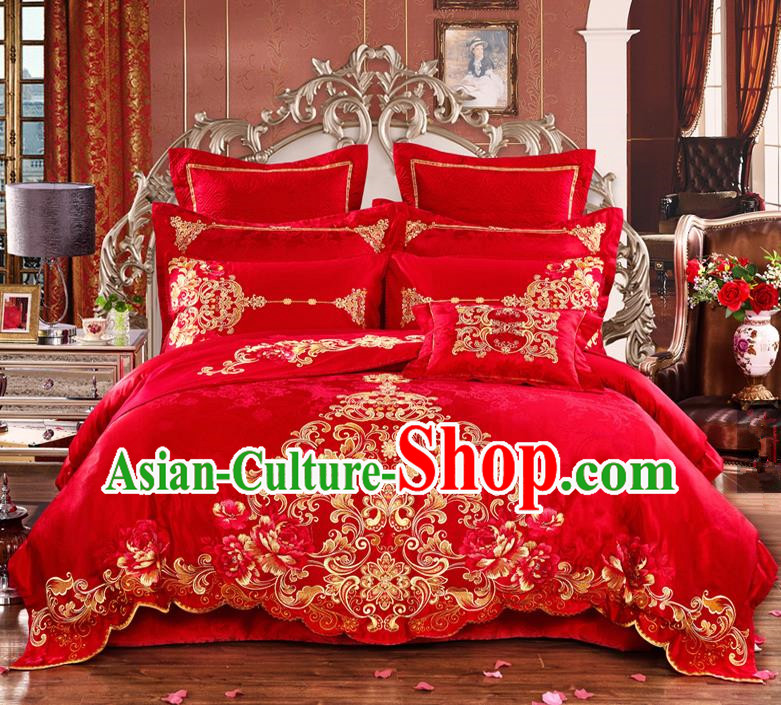 Traditional Chinese Style Marriage Bedding Set Embroidered Wedding Celebration Red Satin Drill Textile Bedding Sheet Quilt Cover Ten-piece Suit