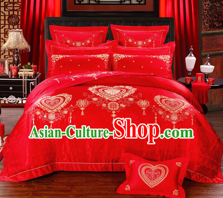 Traditional Chinese Style Marriage Printing Bedding Set Wedding Celebration Red Satin Drill Textile Bedding Sheet Quilt Cover Ten-piece Suit