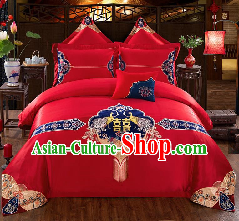 Traditional Chinese Style Wedding Bedding Set, China National Marriage Printing Peacock Red Textile Bedding Sheet Quilt Cover Seven-piece suit