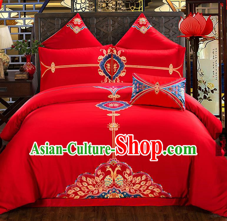 Traditional Chinese Style Wedding Bedding Set, China National Marriage Printing Peony Red Textile Bedding Sheet Quilt Cover Seven-piece suit
