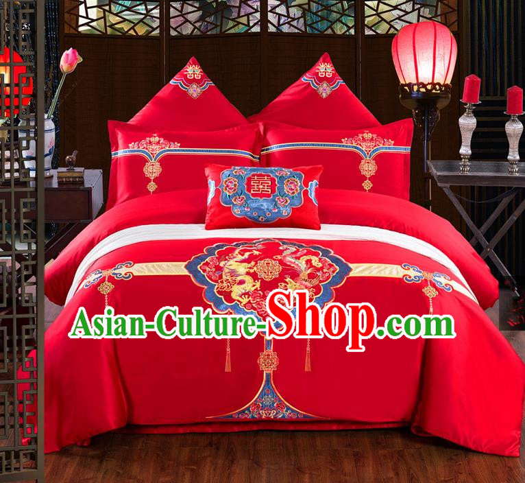 Traditional Chinese Style Wedding Bedding Set, China National Marriage Printing Red Textile Bedding Sheet Quilt Cover Seven-piece suit
