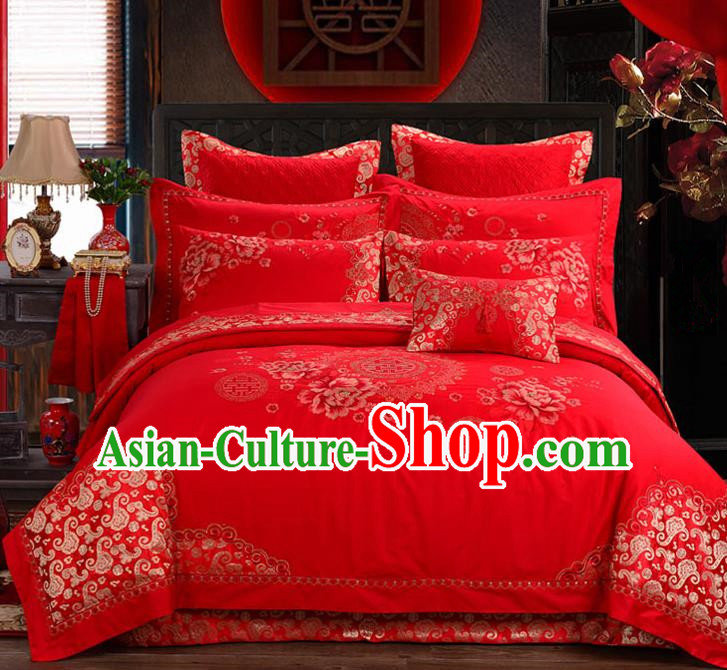 Traditional Chinese Style Marriage Bedding Set Printing Peony Wedding Red Satin Textile Bedding Sheet Quilt Cover Ten-piece Suit