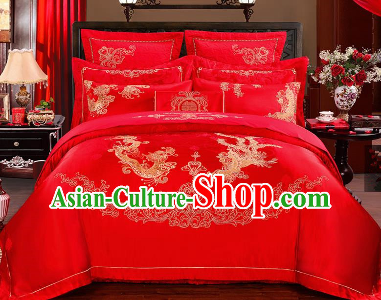 Traditional Chinese Style Marriage Bedding Set Embroidered Dragon and Phoenix Wedding Red Satin Textile Bedding Sheet Quilt Cover Ten-piece Suit