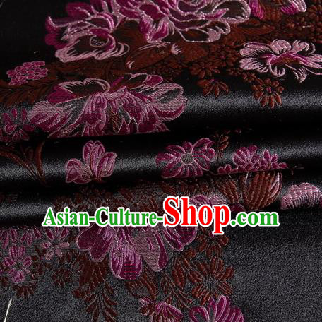 Chinese Royal Palace Traditional Costume Peony Pattern Black Satin Brocade Fabric, Chinese Ancient Clothing Drapery Hanfu Cheongsam Material