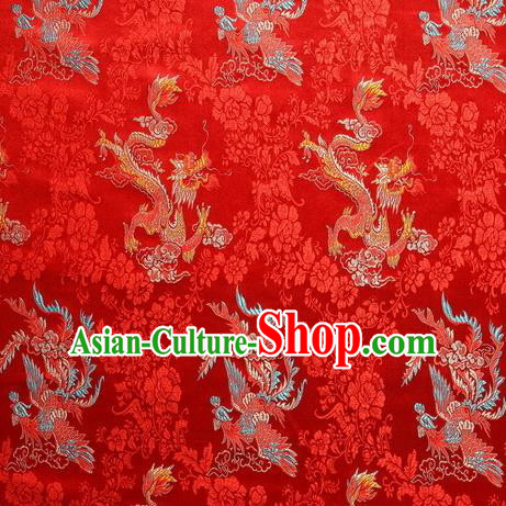 Chinese Royal Palace Traditional Costume Dragon and Phoenix Pattern Red Satin Brocade Fabric, Chinese Ancient Clothing Drapery Hanfu Cheongsam Material