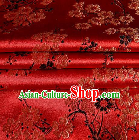 Chinese Traditional Costume Royal Palace Plum Blossom Pattern Red Satin Brocade Fabric, Chinese Ancient Clothing Drapery Hanfu Cheongsam Material