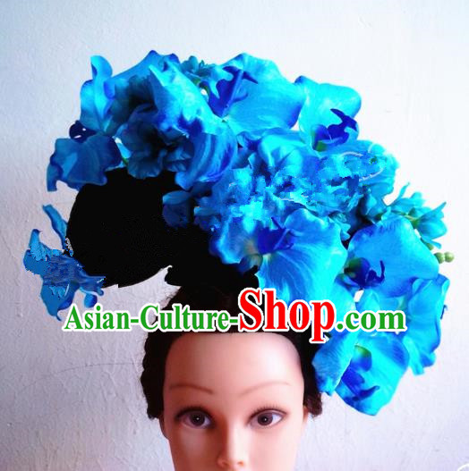 Asian Traditional China Blue Flowers Headpiece and Wig Model Show Headdress Ceremonial Occasions Handmade Hair Accessories