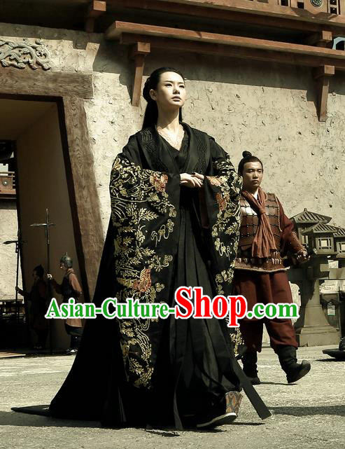 Traditional Ancient Chinese Costume, Elegant Hanfu Clothing, Chinese Han Dynasty Imperial Emperess Tailing Black Embroidered Clothing for Women