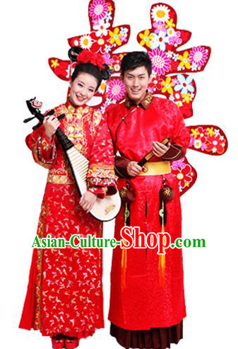 Traditional Ancient Chinese Manchu Wedding Costume, Chinese Qing Dynasty Manchu Wedding Dress, Cosplay Chinese Mandchous Imperial Princess Embroidered Clothing for Women for Men