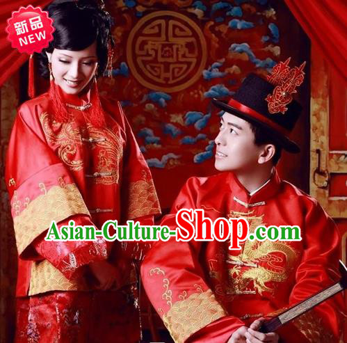 Traditional Ancient Chinese Costume Xiuhe Suits, Chinese Style Bride and Bridegroom Wedding Dress, Red Restoring Ancient Longfeng Dragon And Phoenix Flown Toast Cheongsam for Women for Men