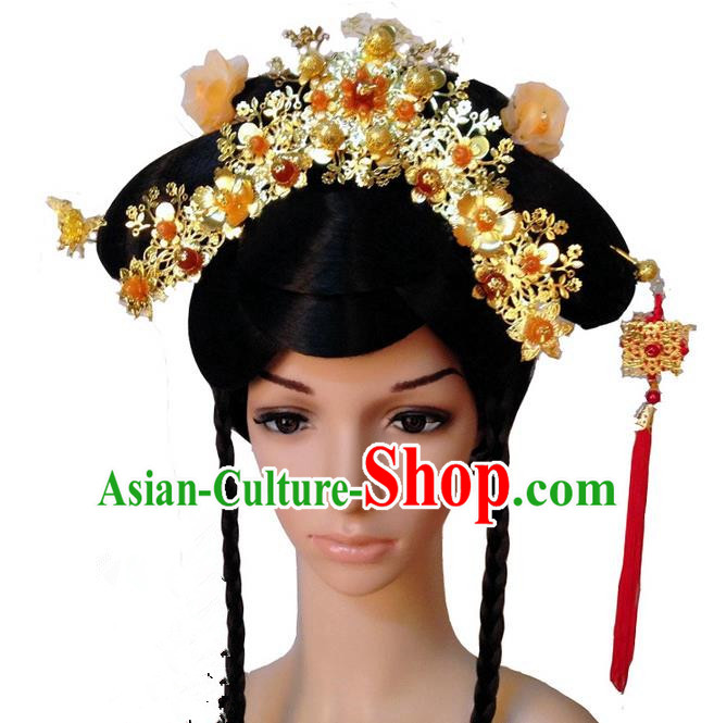 Chinese Wedding Jewelry Accessories Traditional Xiuhe Suits Wedding Bride Headwear, Wedding Hair Accessories, Ancient Chinese Red Tassel Harpins Complete Set for Women