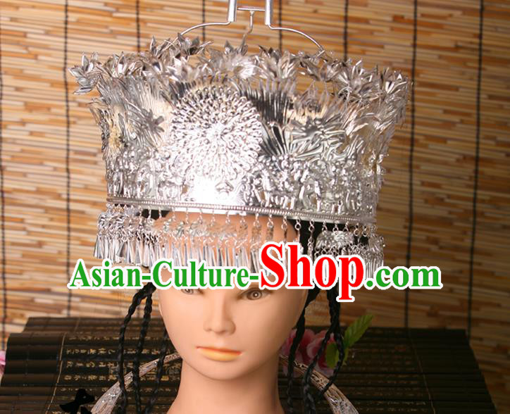 Traditional Chinese Miao Nationality Wedding Crown, Hmong Female Wedding Phoenix Silver Headwear for Women