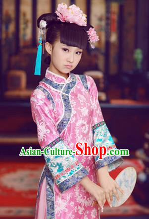 Traditional Ancient Chinese Imperial Princess Children Costume, Chinese Qing Dynasty Manchu Little Girl Dress, Cosplay Chinese Concubine Embroidered Clothing for Kids