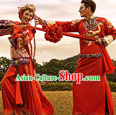 Traditional Ancient Chinese Costume Xiuhe Suits, Chinese Style Bride and Bridegroom Wedding Dress, Red Ancient Dragon And Phoenix Flown Toast Cheongsam for Women for Men
