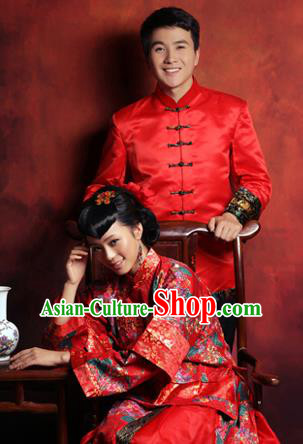 Traditional Ancient Chinese Costume Xiuhe Suits, Chinese Style Bride and Bridegroom Wedding Dress, Red Ancient Dragon And Phoenix Flown Toast Cheongsam for Women for Men