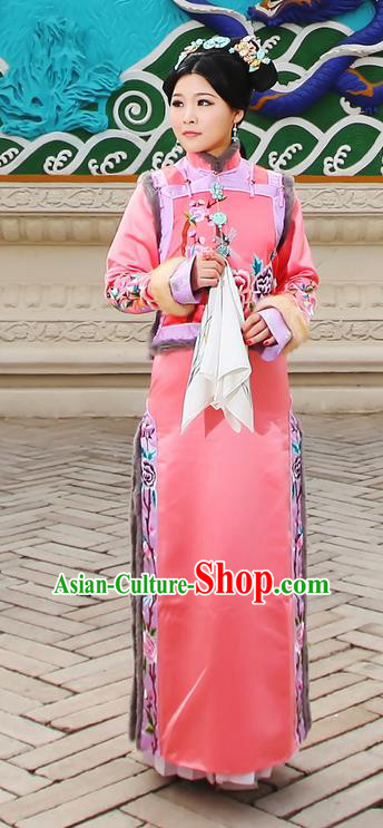 Traditional Ancient Chinese Imperial Consort Costume, Chinese Qing Dynasty Manchu Lady Dress and Vest, Chinese Mandarin Embroidering Flower Robes Imperial Concubine Embroidered Clothing for Women